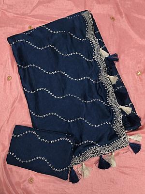 Teal Embroidered Georgette Ruffle Saree