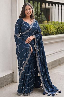 Teal Embroidered Georgette Ruffle Saree