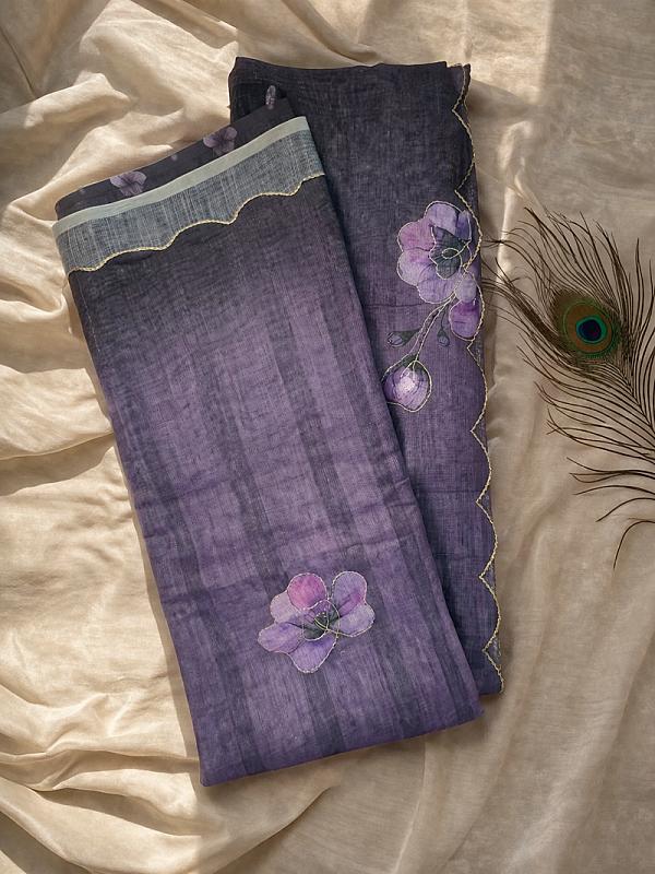 Dark Gray Tissue Linen Saree
