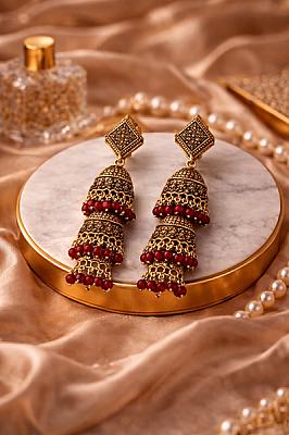  Red And Golden Jhumka 